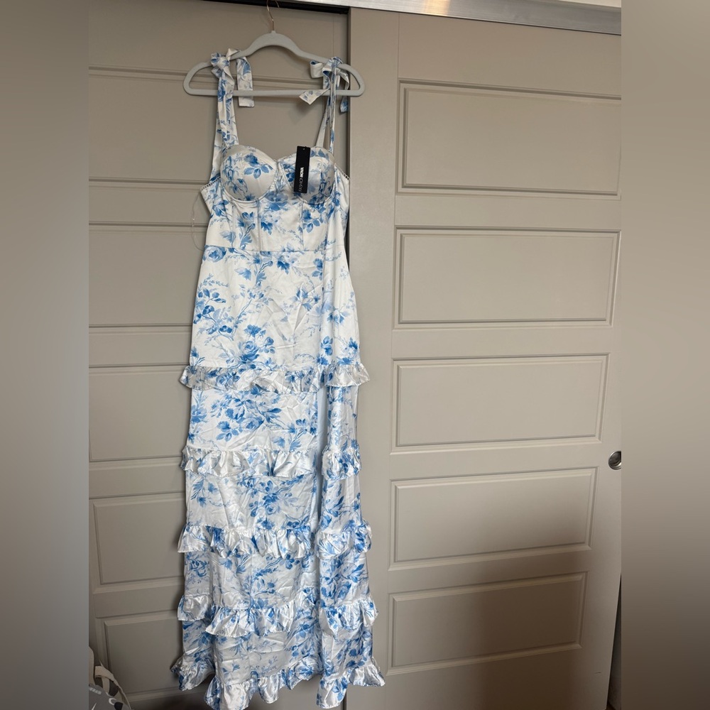 Fashion Nova Blue and White Maxi Sundress for Weddings